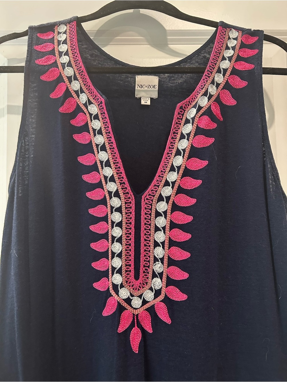 NIC+ZOE Navy Sleeveless Tunic with Pink and White Embroidery